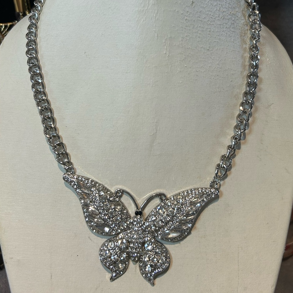 #26 Silver Tone, 16 Inch Butterfly Necklace With Clear Rhinestones
